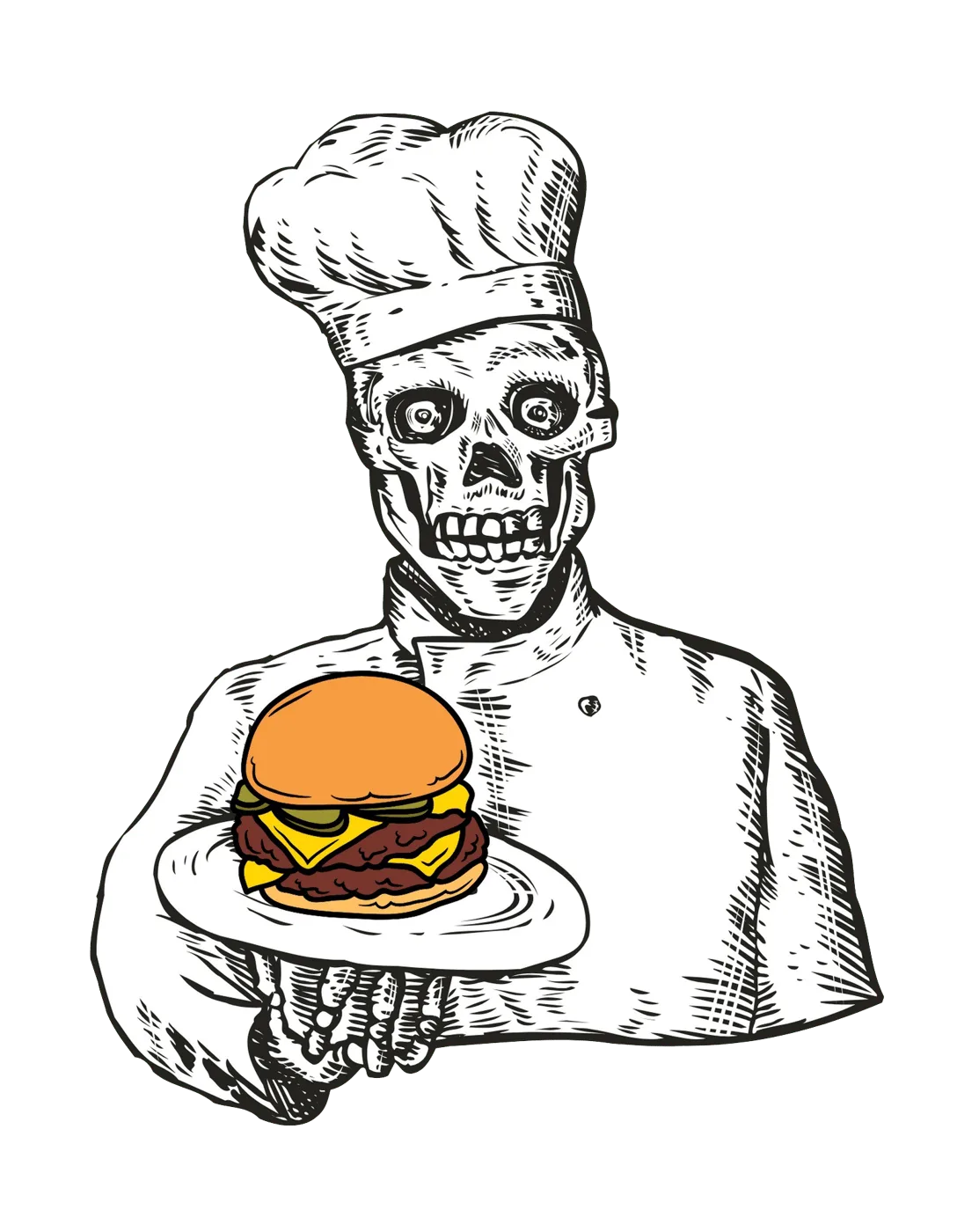 Hand-drawn skeleton chef in a toque, presenting a cheeseburger on a plate.