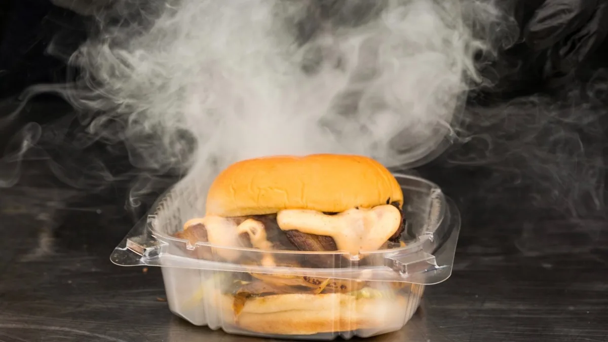 A burger steaming in a clear takeout clamshell against a dark background.