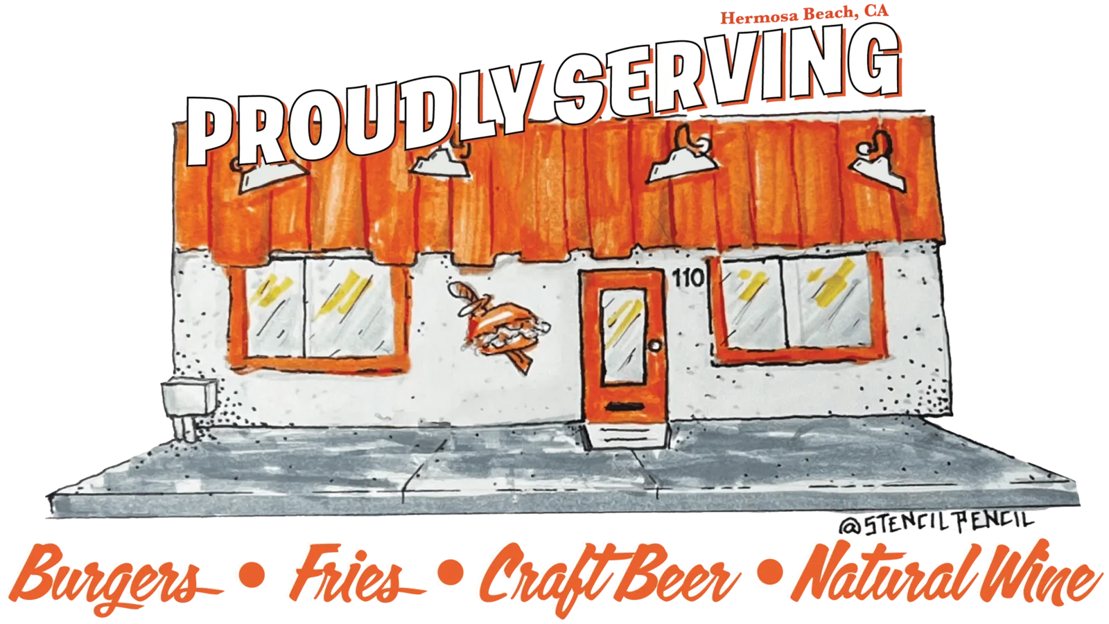 Illustration of the Proudly Serving storefront in Hermosa Beach, lettered: Burgers, Fries, Craft Beer, Natural Wine.